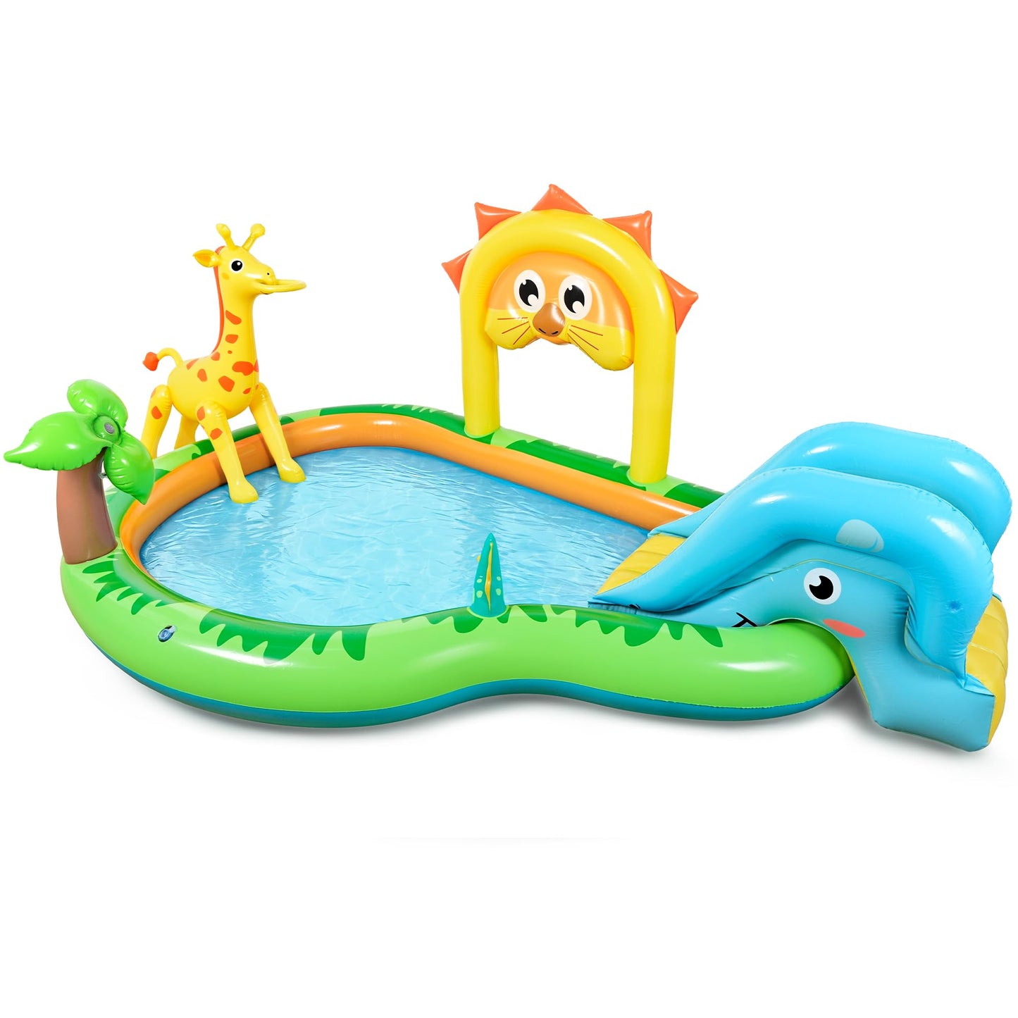 SULIFEEL Zoo-Themed Inflatable Play Center Kiddie Pool with Slide and Sprinkler for Children, 100''x70''x40' in Baby Pool for Backyard and Garden
