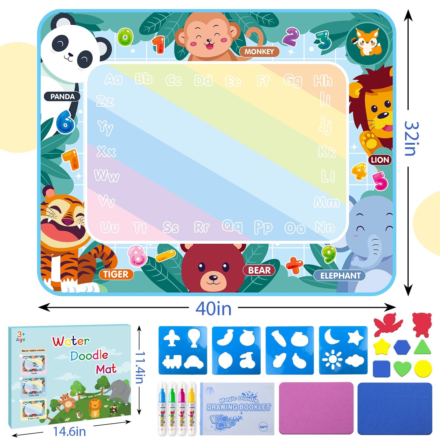 Water Doodle Mat 40 x 32 Inch Kids Water Painting Doodle Drawing Mat Toy Writing Mess Free Coloring Extra Large Magic Educational Toys for Boys Girls Age 4 5 6 7 8 Year Old Christmas Birthday Present