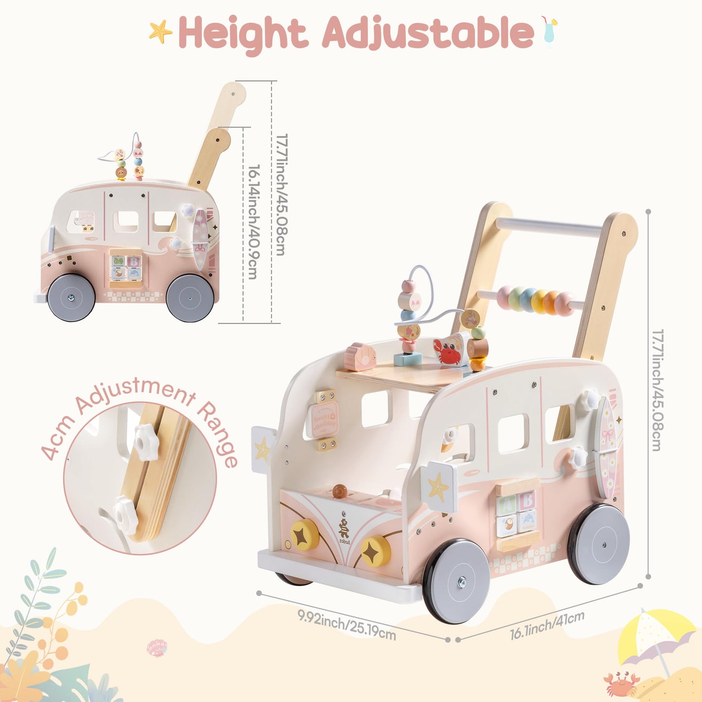 ROBUD Wooden Baby Walker, Height & Speed Adjustable Baby Push Walker with Anti-Slip Wheels, Developmental Activity Center with Ocean Vacation Theme, Wooden Walkers for Babies Learing to Walk，Pink