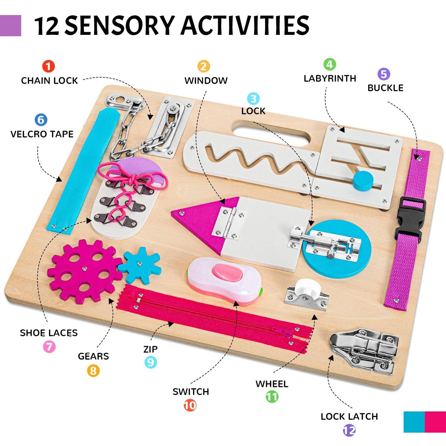 Montessori Busy Board for Toddlers, Wooden Sensory Toys, Kids 1-3 Travel Toy, Preschool Learning Activities for Fine Motor Skills, Basic Life Skills Educational Gifts for 1 2 3 Years Old Girls (Pink)