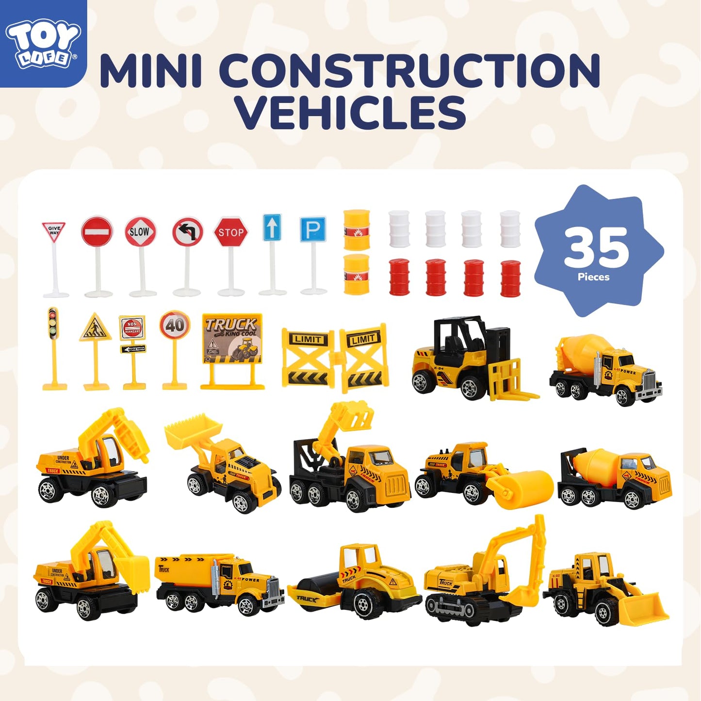 TOY Life 35 PCS Construction Toys, 12 Mini Construction Vehicles with Accessories, Excavator Bulldozer Dump Truck Playset, Sandbox Toys and Cake Toppers for Kids Ages 3-8