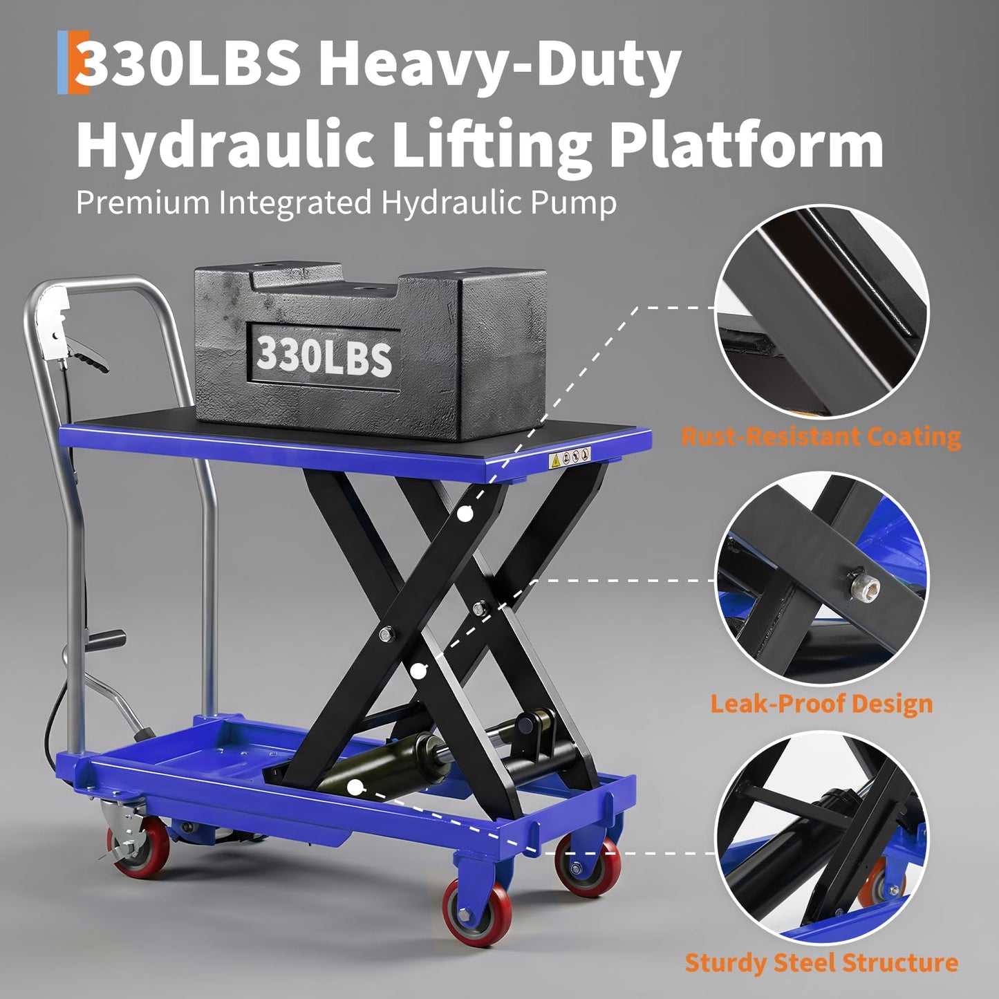 Hydraulic Lift Table Cart,1100lbs Capacity 32.2" Lifting Height,Manual Single Scissor Lift Table with Non-Slip Pad, 4 Wheels & Reflective Strips,for Material Handling & Transportation