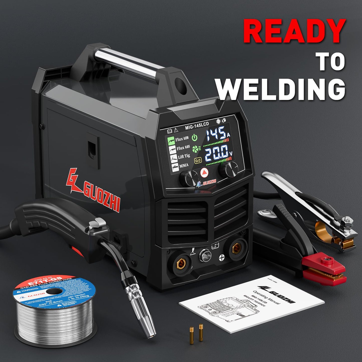 GZ GUOZHI 145A MIG Welder, 3 in 1 Welder FLUX MIG/Lift TIG/ARC Multi-Process Mig Welder, 110V Welding Machine, Flux Core Welder Welder Machine 110v with LCD Large Screen
