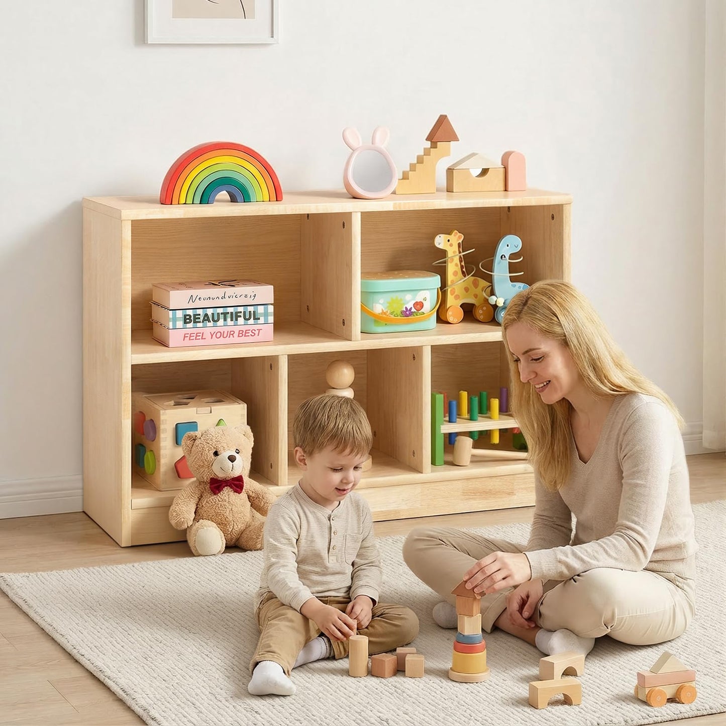 PTINFLUCE Rubber Wood Montessori Shelf, Wooden Toy Storage Organizer for Books Toys, 2 Shelf Bookcase, 5-Section Storage Cabinet, Toddler Book Shelf for Kids Rooms, Playroom, Nursery, Kindergarten