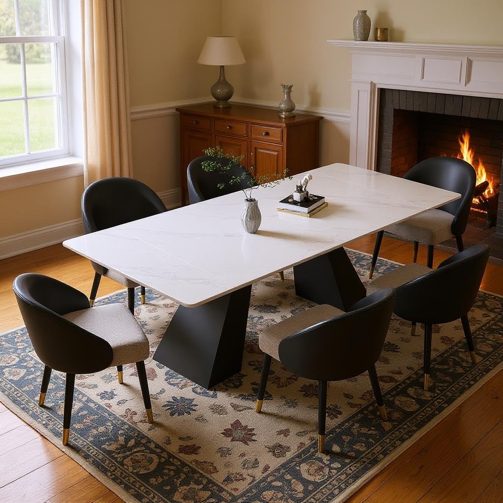 62.9" to 94" Modern Sintered Stone Luxury Rectangular Dining Table for 6-8 People, White Top with Black Base, Contemporary Style for Living Room