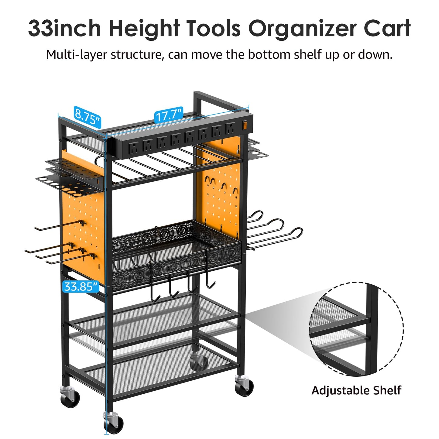 CCCEI Power Tool Organizer Cart with Charging Station, Garage Floor Rolling Storage Cart on Wheels for Mechanic, Mobile 6 Drill, Tool Box Utility Cart with Power Strip, Yellow.