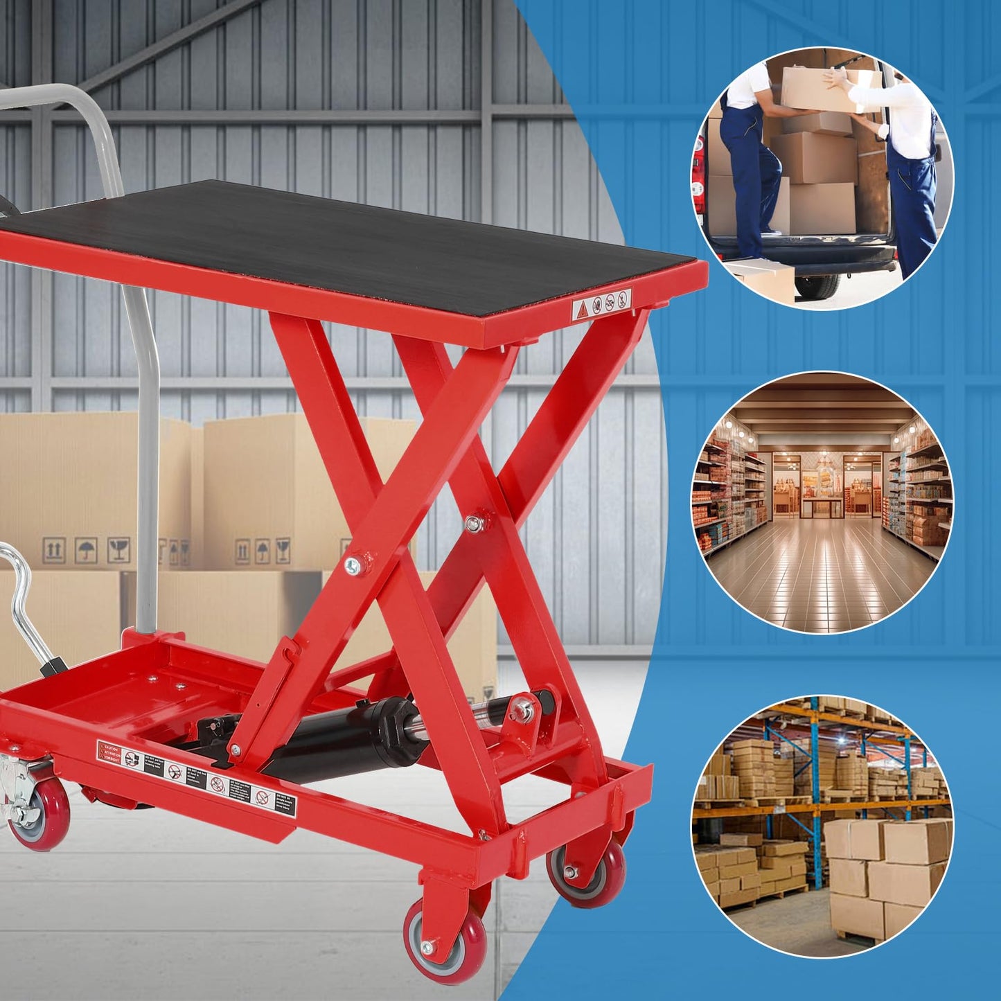 Heavy Duty Hydraulic Lift Table Cart 1100LB Capacity, Single Scissor Lift Table with 32'' Lifting Height, Non-Slip Platform & Locking Wheels for Garage, Warehouse, Workshop, Red