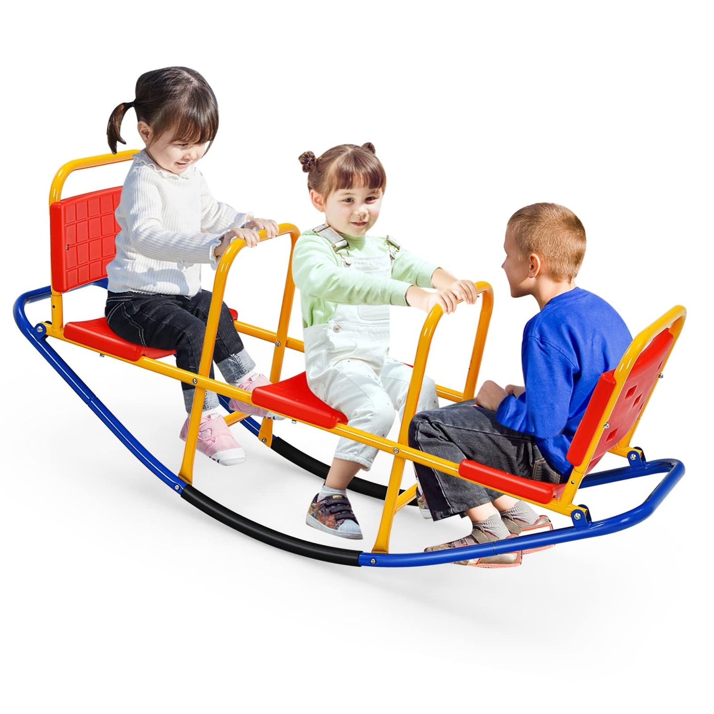 Costzon Teeter Totter Seesaw for Kids Outdoor, 2 in 1 Metal Rocking Seesaw for Toddlers with Easy-Grip Handles, Indoor Outdoor Rocker Toy Gifts for Ages 2-5, 1-3 Person Home Preschool Backyard See Saw