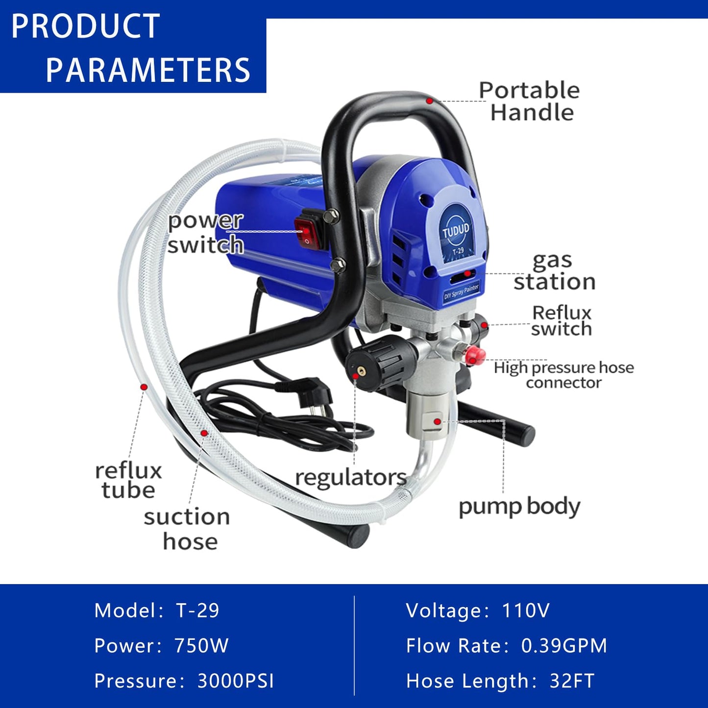 Airless Paint Sprayer 3000PSI 750W High Efficiency Airless Spraying Machine, Stand Power Painter with Paint Gun for DIY House, Wall, Fences Painting and Commercial Use