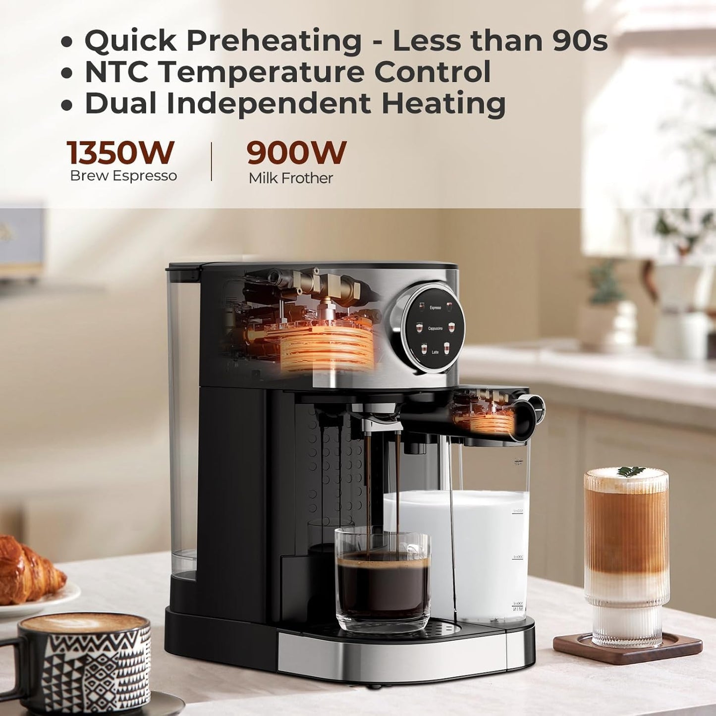 Electactic Espresso Machine 20 Bar, Super Compact Espresso Maker Stainless Steel with Touch Screen, Professional Coffee Machine, Automatic Milk Frother for Cappuccino