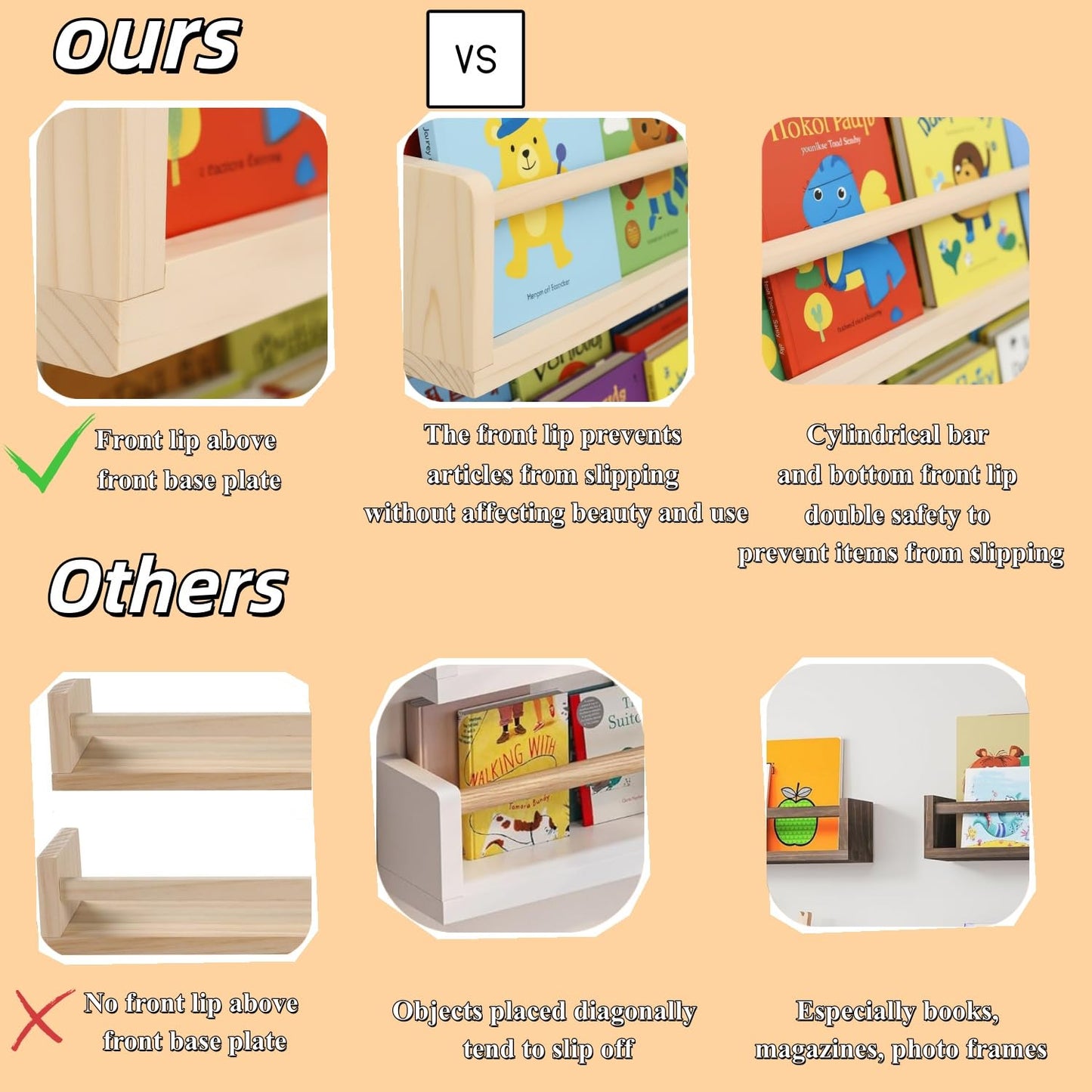 Esonal Natural Wood Nursery Floating Shelves Set of 3– Wall Mounted Kids Bookshelf & Toy Organizer – 16 Inch Rustic Pine Hanging Display Book Shelves for Bedroom, Playroom, and Baby Decor