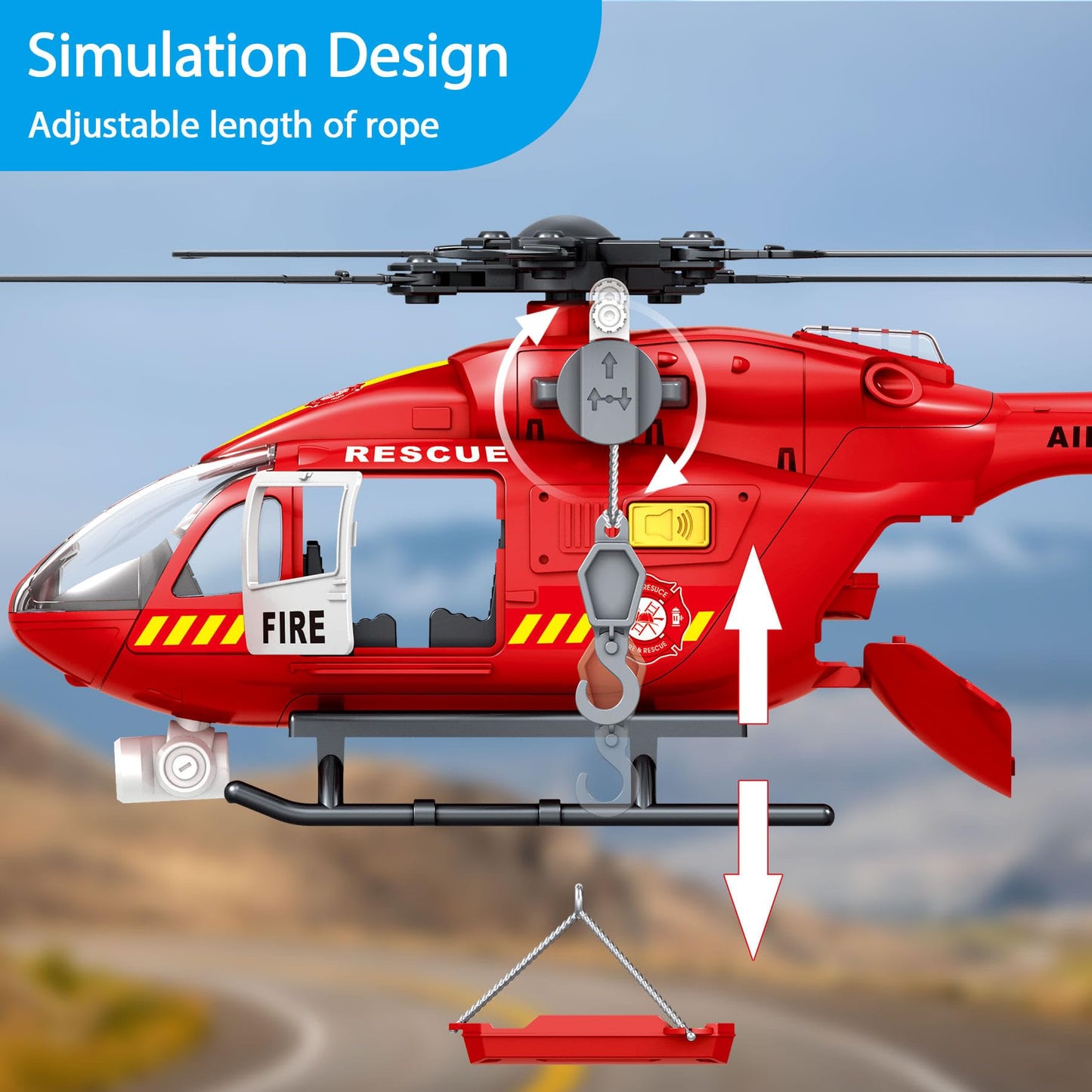 Fire Rescue Helicopter Toys for Boys with Hanging Basket Toy Airplane with Lights and Sound Firefighting Vehicles Toys for Kids Aged 3 4 5 6 7