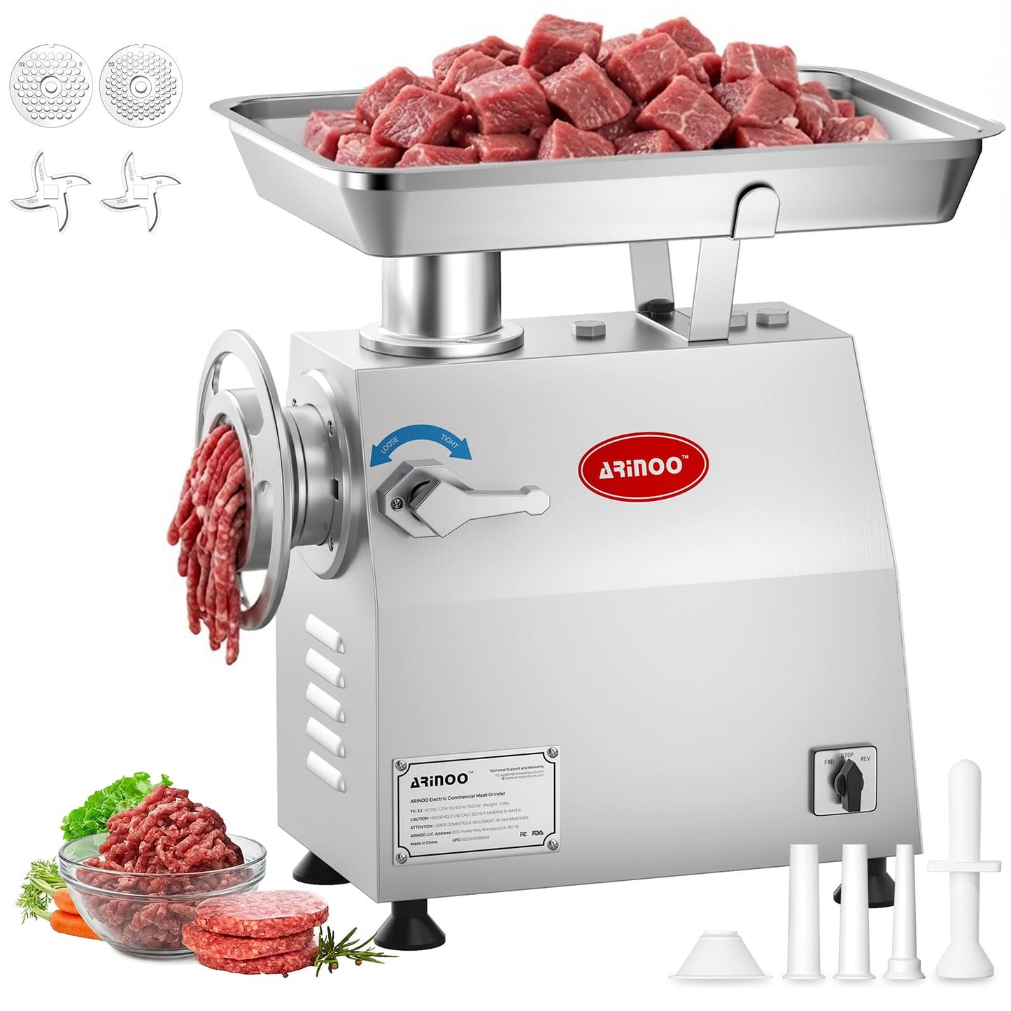 Commercial Meat Grinder #32, 2.0HP Heavy Duty Industrial Stainless Steel Meat Mincer, Sausage Stuffer with 2 Blades, 2 Plates & 3 Sausage Tubes, Meat Grinder Machine for Deer Processing,Pet Food