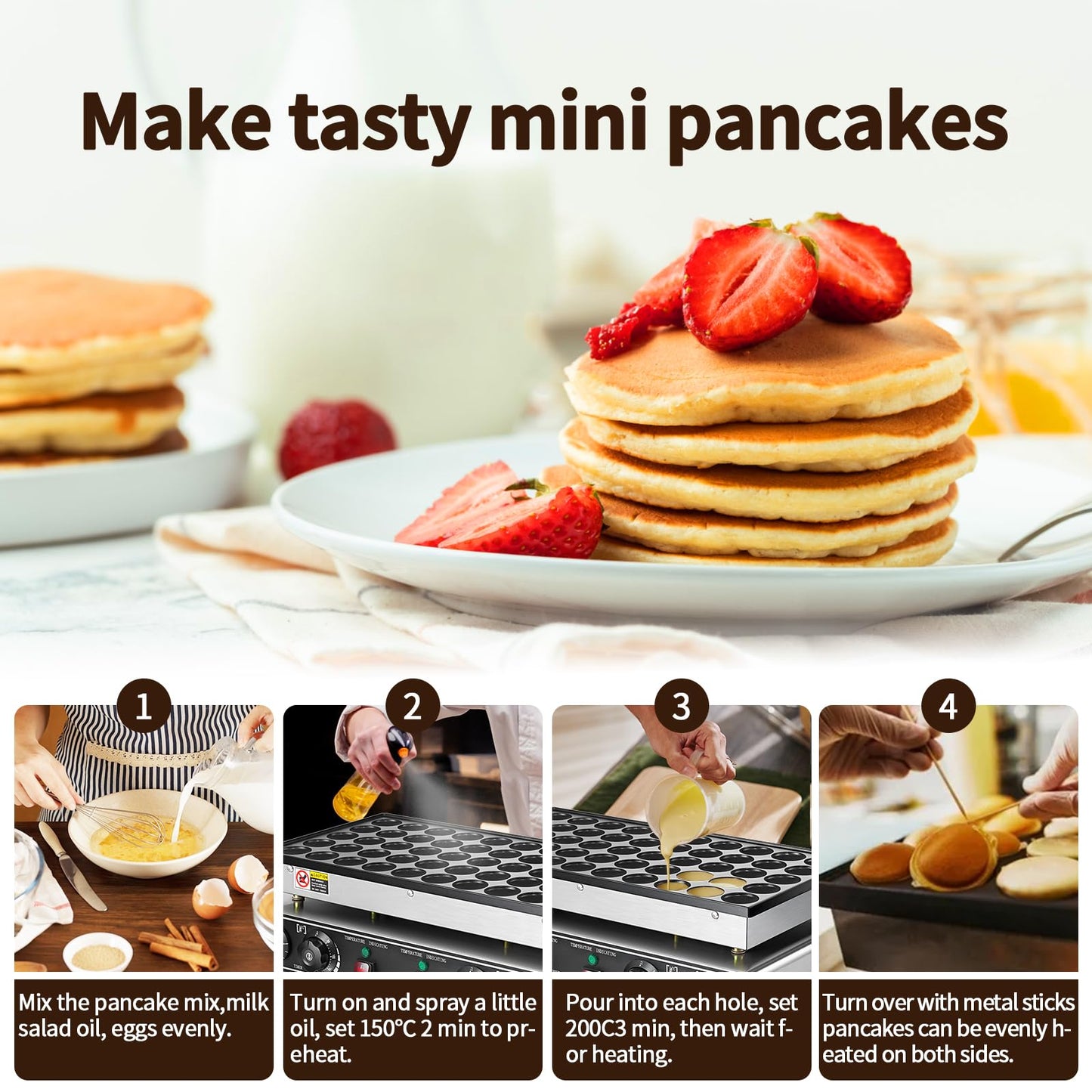 Leomru 110V Mini Pancake Baker 1800W, 50PCS Commercial Pancakes Maker Machine, 1.8 Inches Electric Muffin Waffle Maker Machine Dutch Poffertjes Grill For Home Kitchen Restaurant Snack Dessert