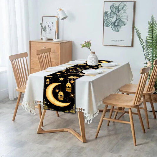 Eid Mubarak Table Runner Table Decorations,Eid Decorations for Home Black and Gold Holiday Kitchen Dining Table Runners with Moon,Star and Lantern for Islamic Table Decor Party Supplies 13 x 72 Inch