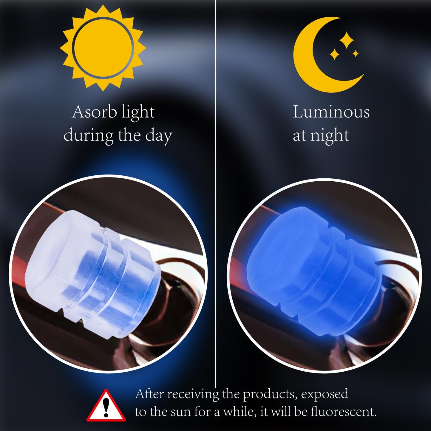 MEAJOO 4PCS Fluorescent Tire Valve Stem Caps, Luminous Car Tire Air Cap, Corrosion Resistant Leak-Proof Wheel Valve Cover, Universal for Cars, Trucks, Bikes, Motorcycles, Bicycles(Blue)