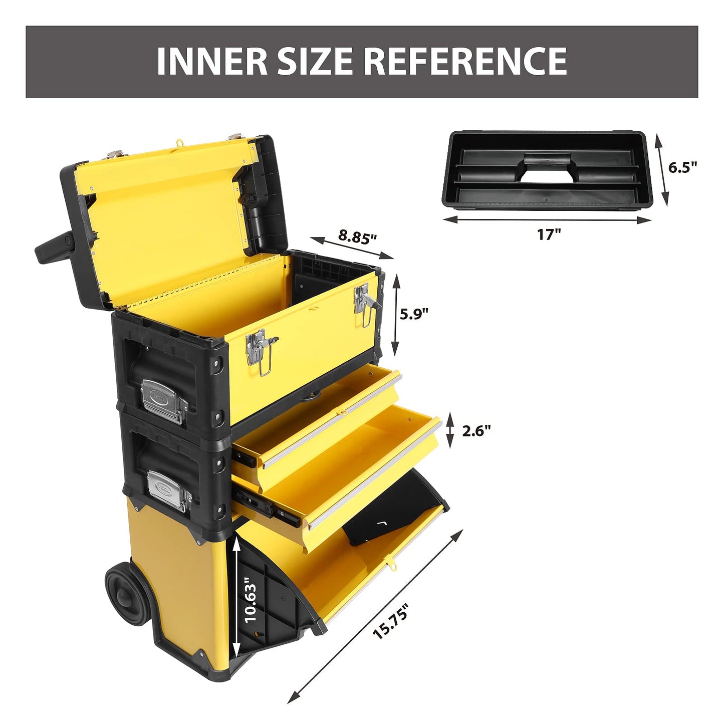 BIG RED Stackable Rolling Tool Box Portable Metal Toolbox Organizer with Wheels and 2 Drawers Separate Rolling Upright Trolley Tool Chest for Garage or Workshop,Yellow,ATRJF-C305ABDY