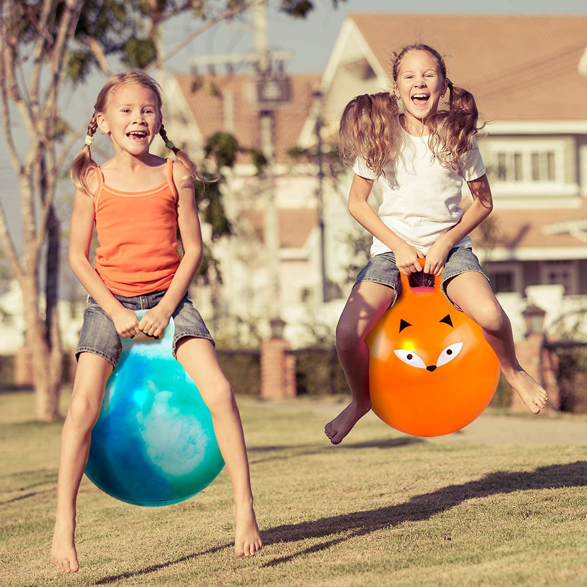 U&C Planet Hopper Ball, 18 inches Bouncy Ball with Handle for Kids Age 3-6, Hoppity Hop Sit and Bounce Jumping Hopping with Pump & Gift Box, Great Gift for Birthday Christmas, Green Clouds