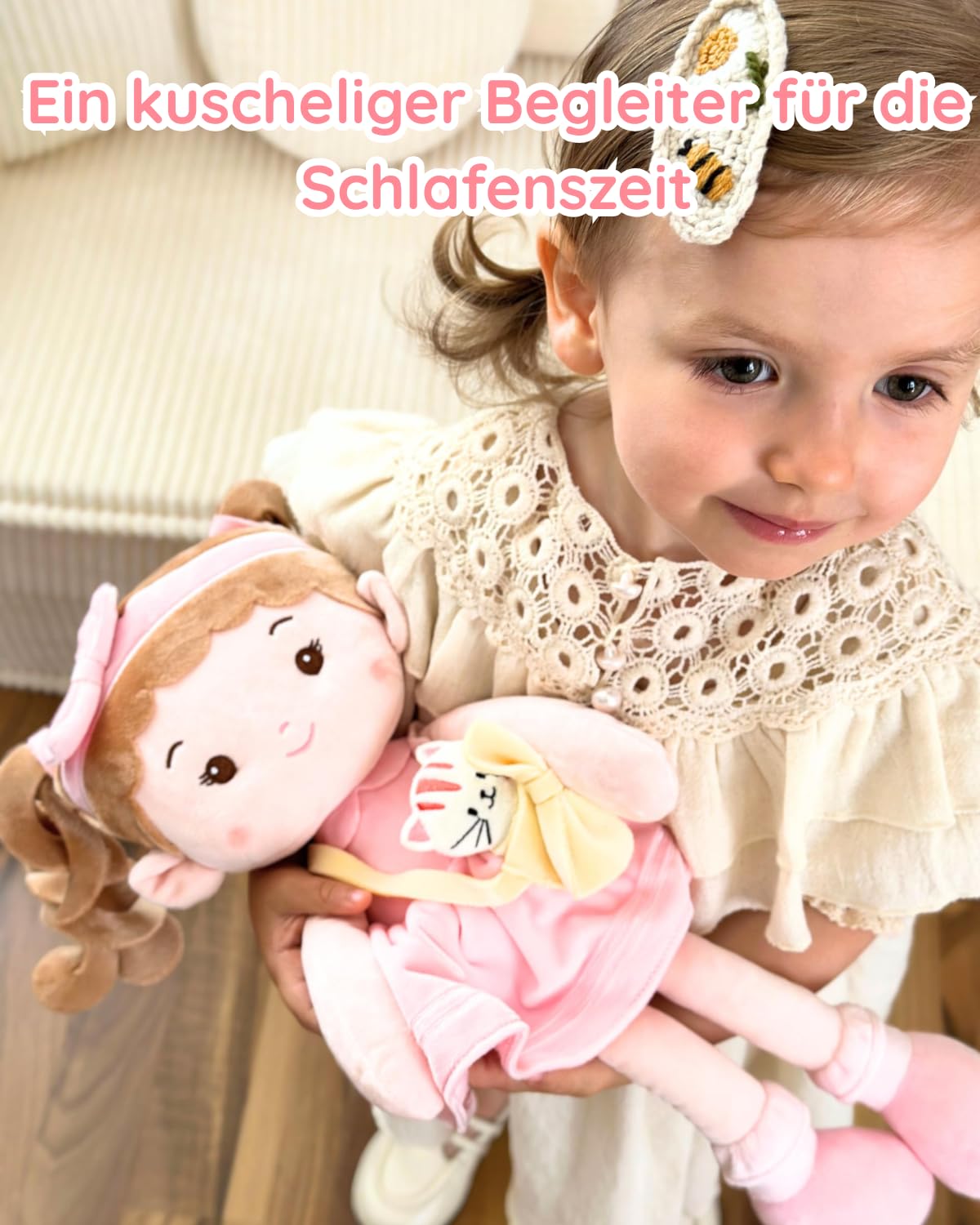 LeyaDoll Soft Baby Doll Toys (16''), My First Baby Rag Doll for 1 Year-Old Girl Birthday Gift, Christmas Plush Toys Gift for Toddler Kids Infants-Daydream-Mia-and-Her-Pet-Cat