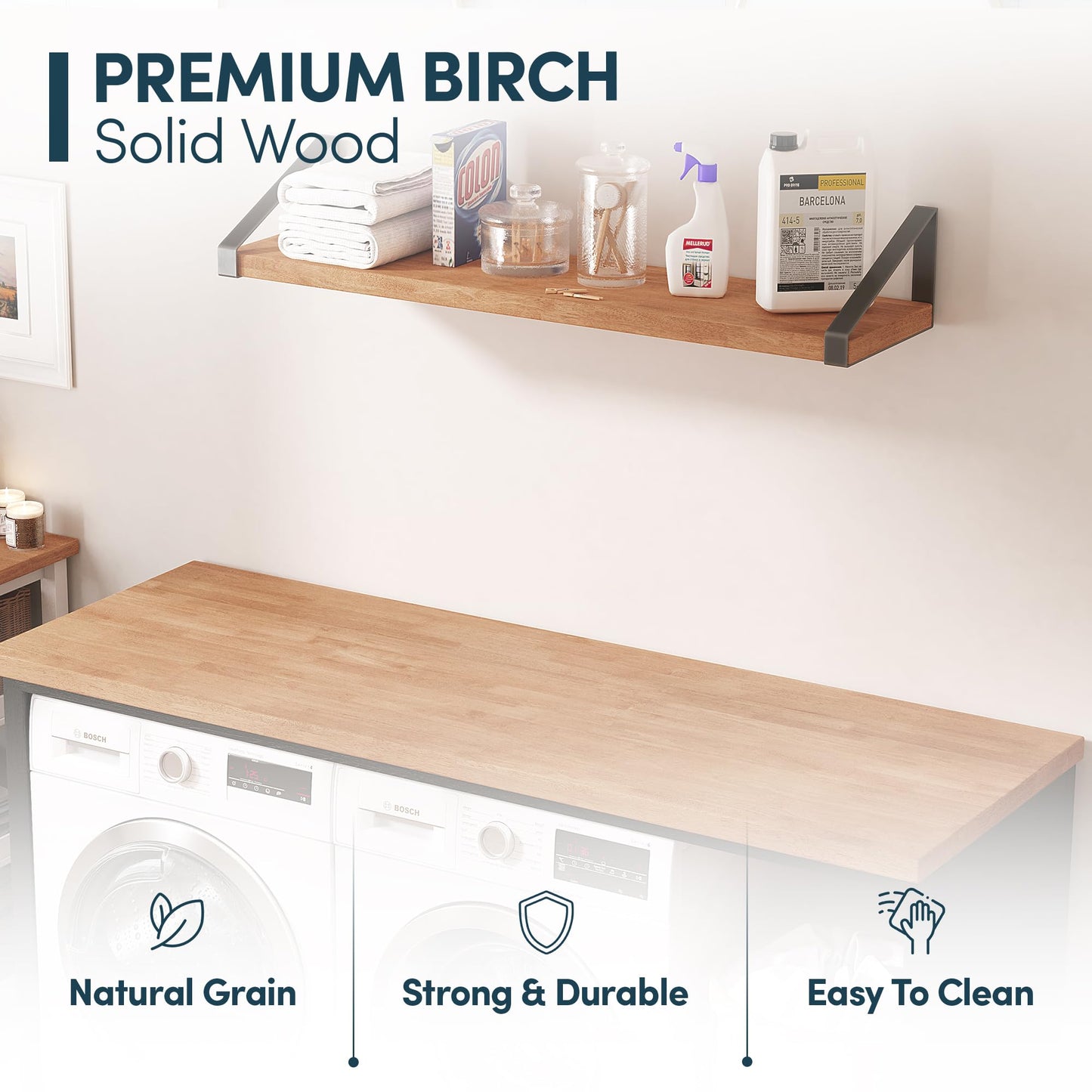 AllForWood 36''L x 25''W x 1.5''Th Birch Solid Wood Butcher Block Countertop, Butcher Block Table Top for DIY Washer Dryer/Island/Kitchen Countertop (Unfinished)