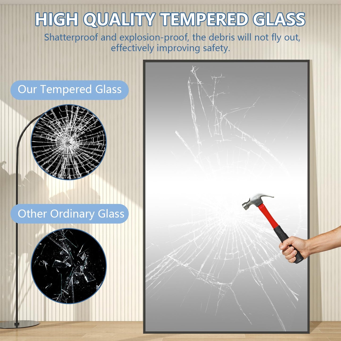 Large Mirror Full Length 72"X44", Oversized Floor Mirror with Stand, Black Free Standing Mirror Full Length for Gym Bedroom Living Room, Hanging or Wall Mounted, Shatterproof Tempered Glass