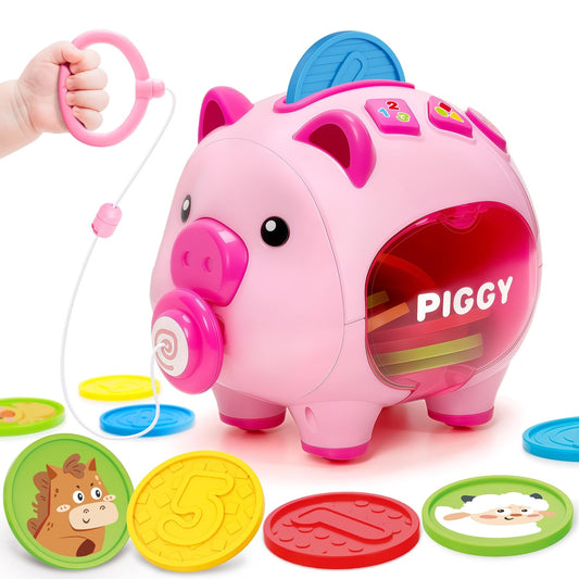 Musical Piggy Toys for 1 Year Old Girl Gift, Piggy Bank with Educational Number, Color, Animal Coin for Baby Interactive Toy 6-12-18 Month, Christmas 1st Birthday for 7 8 9 10 Month Old Girl Boy