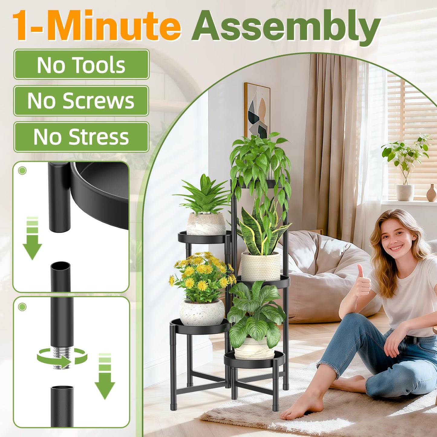 iDavosic.ly Plant Stand Indoor with Grow Light, 5 Tier Corner Metal Flower Display Holder Shelf, Easy Assembly Folding Tall Orchid Rack for Patio Balcony Porch Garden Living Room House, Black