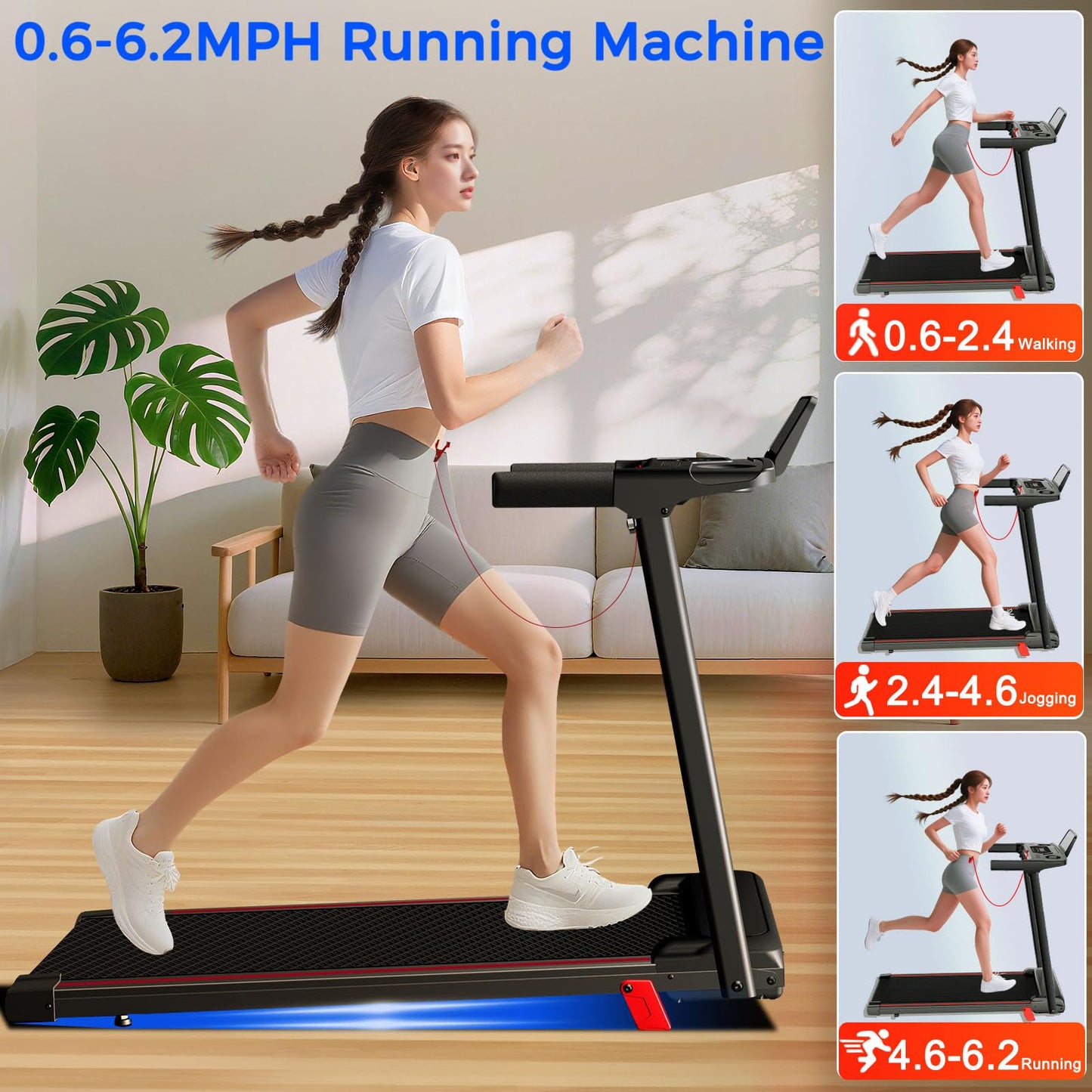 Treadmill with 8% Incline, Walking Pad Treadmill with Handle Bar, Portable Folding Treadmills for Running and Walking, 3.0HP Brushless Motorized, 5 Layers Shock-Absorbing