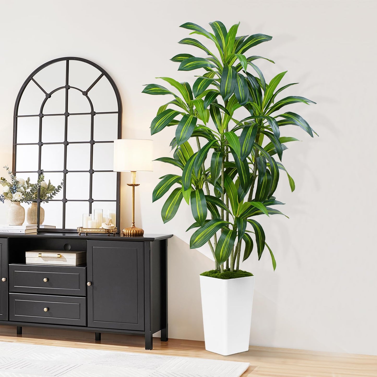 ZEEOZE Dracaena Plant Artificial Tree 6Ft Tall Fake Tropical Floor Plants Potted (Real Touch) Artificial Silk Tree Leaf Faux Trees White Tall Planter for Home Office Living Room Indoor Outdoor Decor