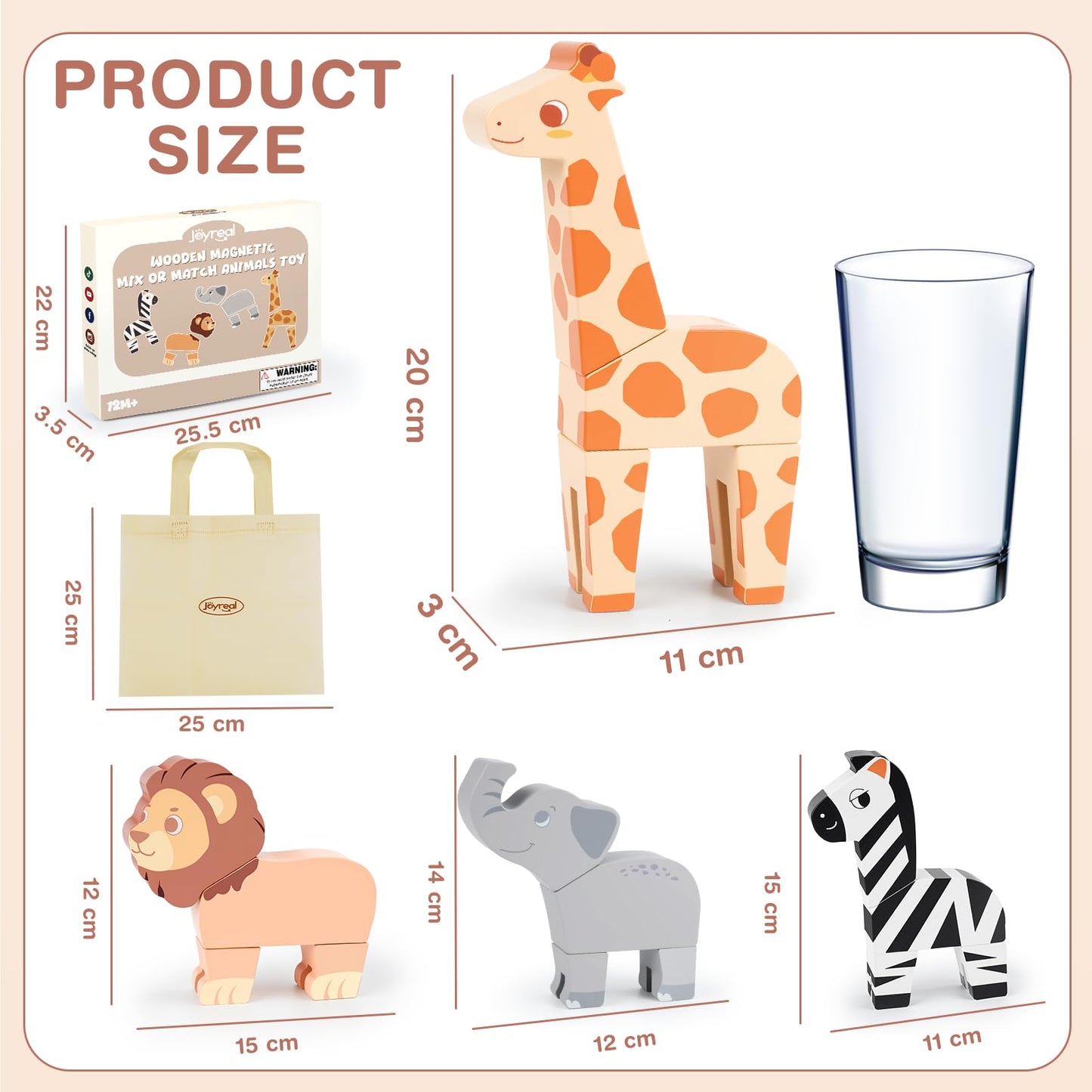 Joyreal Magnetic Jungle Animals Toy Play Set, 16 Pcs Wooden Building Blocks Play Set Toy for 1 Year Old, Fine Motor Montessori Game Preschool Educational Gift for Ages 1-5