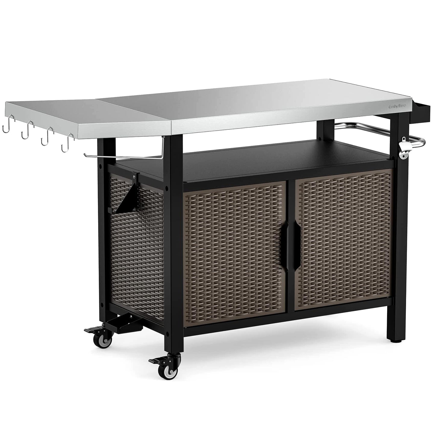 onlyfire 53-Inch Dining Cart Table Storage Cabinet with XL Stainless Steel Countertop, Rolling Kitchen Island Worktable with Side Shelf and Wheels for Indoor Outdoor