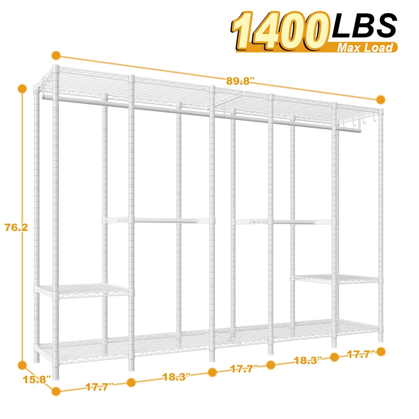 Ulif H50 Extra Large Clothes Rack, Heavy Duty Garment Rack, Freestanding Portable Closet, Clothing Racks for Hanging Clothes, Wardrobe Closet 89.8'' W x 15.8" D x 76.4" H, Max Load 1400 Lbs, White