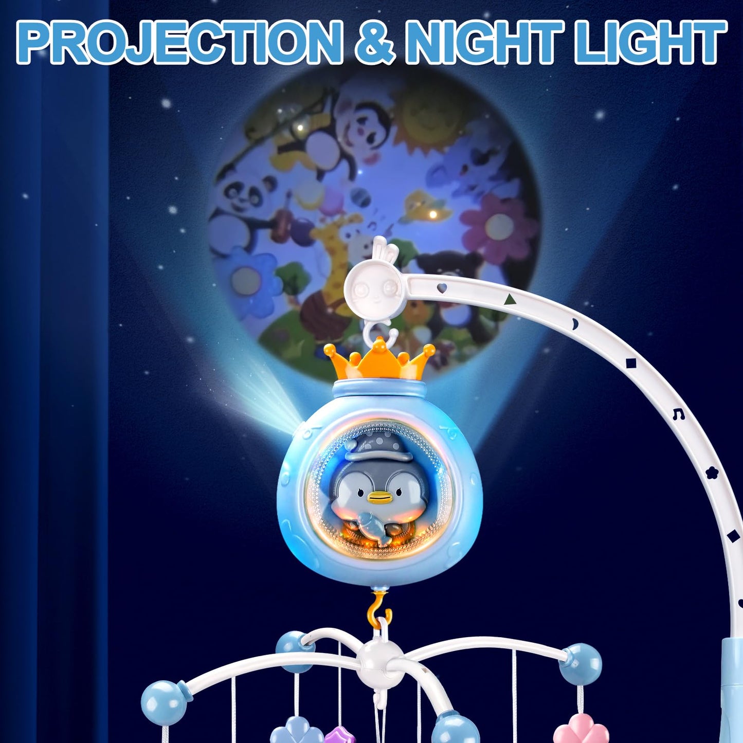 ZFSZSY Crib Mobile with Music and Lights,Mobiles for Cribs, Baby Mobile Arm Toys Hanging for Girls Boys Infants 0-6 6-12 Months, Bassinets Nursery Musical Portable Mobile Clip On Pack and Play(Bule)