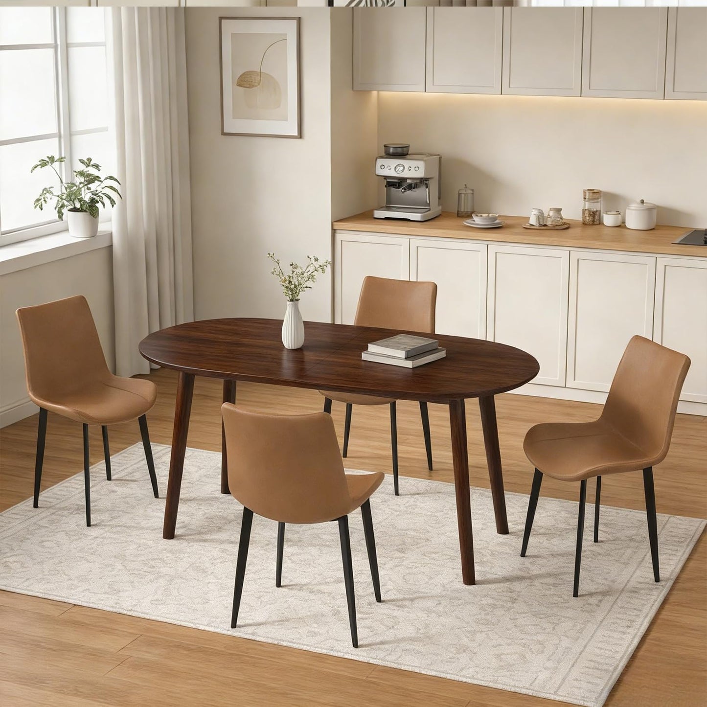 domusdisn 63" Oval Dining Table Set for 4, 5 Piece Modern Dining Table Set for Kitchen and Dining Room Furniture, Solid Wood Legs Dining Table with 4 PU Leather Chairs（Walnut Table+4 Brown Chairs