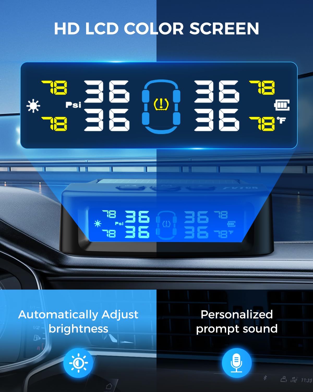 Tire Pressure Monitoring System - TPMS with Solar and USB Charger, 4 Tire Sensors and 6 Alarm Modes, Auto on/Off and Voice Prompt, TPMS with Color LCD Screen, for RV, Sedan, SUV, MPV, etc (0-87 PSI)