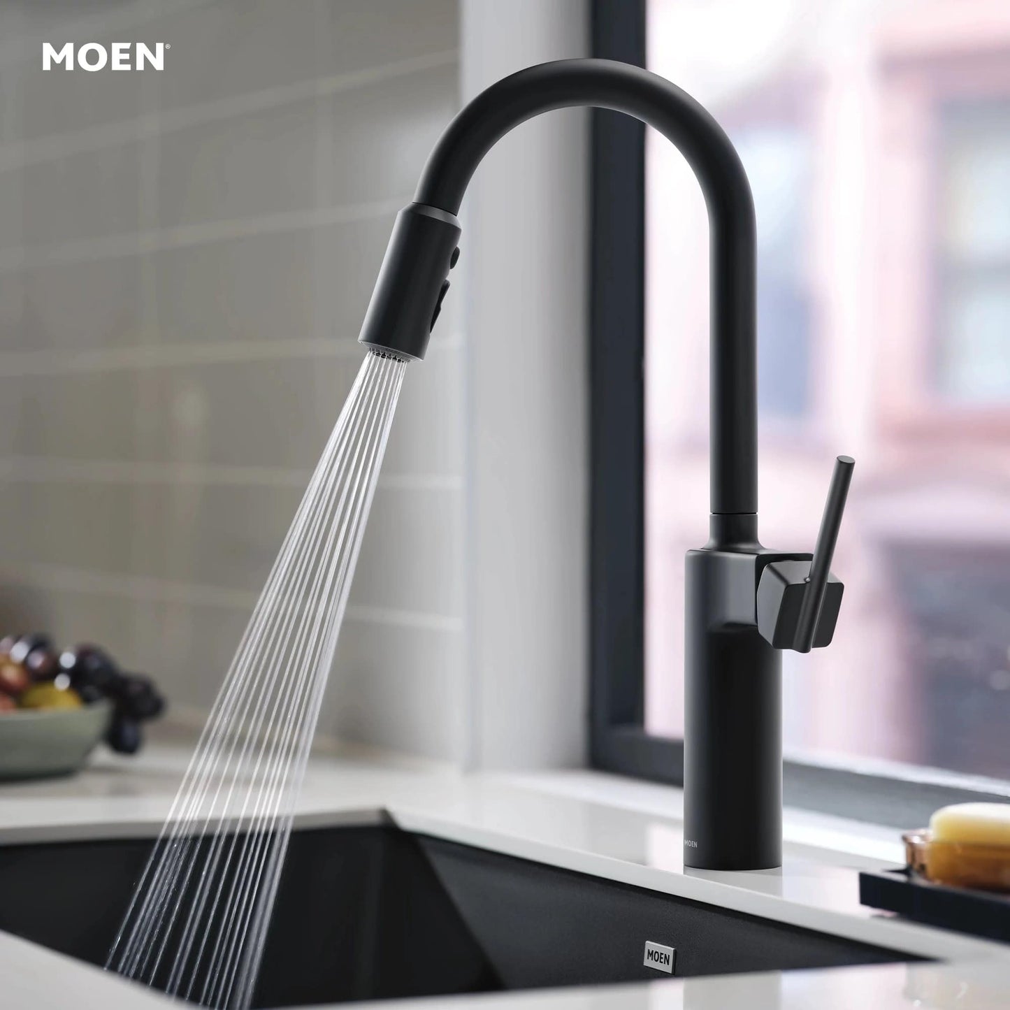 Moen Inara Matte Black Pulldown Kitchen Faucet with Power Boost, Modern Kitchen Faucet, One-Handle High Arc, Easy Installation, 87463BL