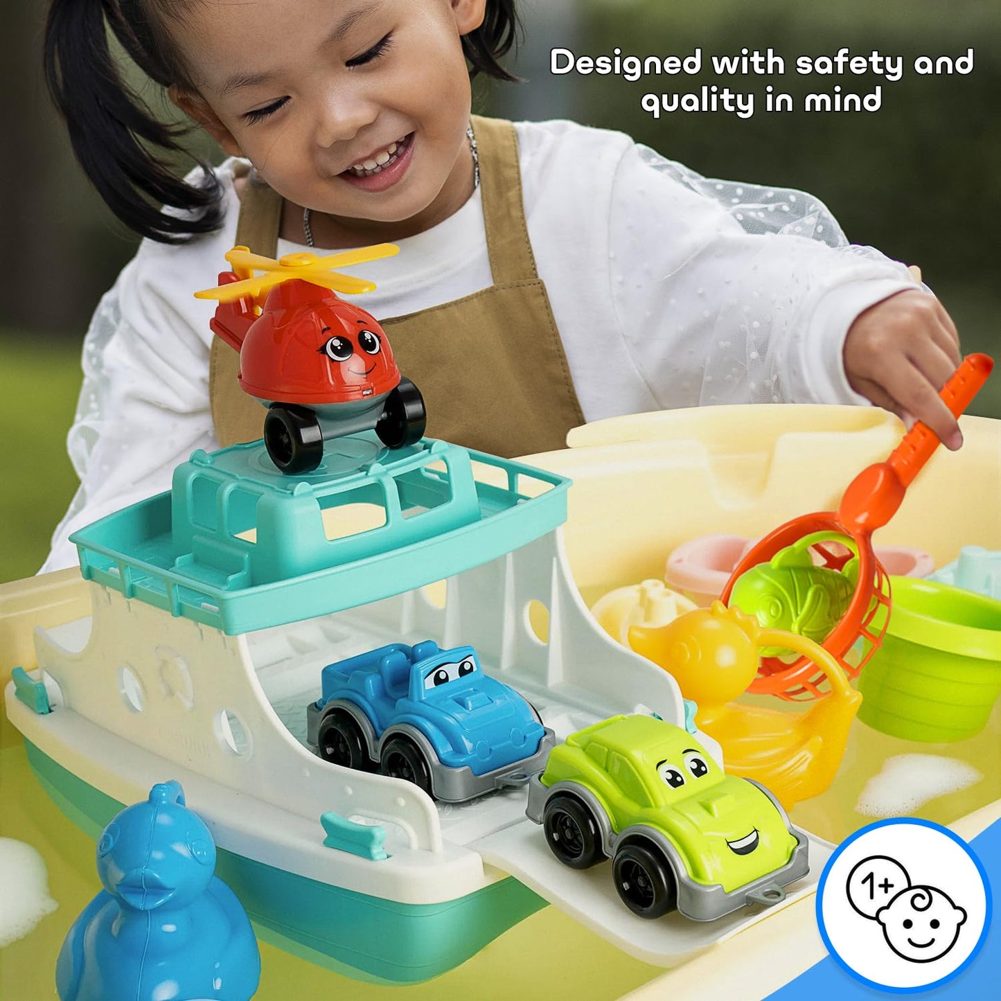 uToyz Ferry Boat Kids Bath Toy Set – 17 Pcs Toddler Pool Toys with Stacking Cups, Toy Ferry Boat, Train, 2 Cars & A Helicopter Addition for Fun Water Play, Toddler Bath Toys for 1 Year Old & Up