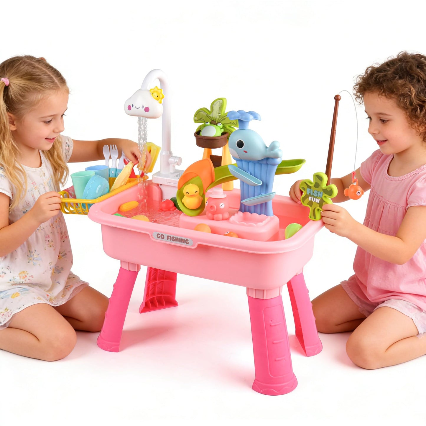 Mobelixy Upgraded Toddler Sand Water Table Toy with Electric Water Pump, Kids Sand Water with Faucet/Play Food Accessories/Fishing Toy, Kitchen Play Sink Toys for Girl Boy Age 3+ (Pink)