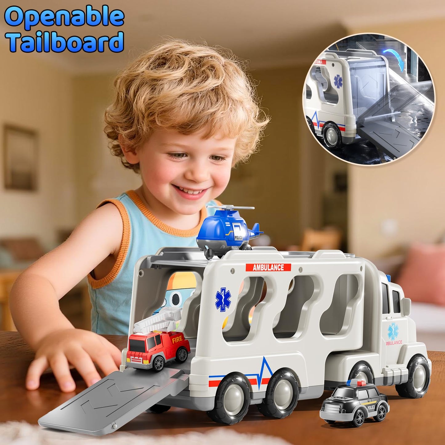 KIZONLY Ambulance Truck Toys Set for Kids Toddlers 1-3 3-5 Years Old, Carrier Truck Playset with Toy Cars, Light and Sound, City Learning Toys for Toddlers, Birthday Gifts for Boys Girls Aged 2-4 4-8