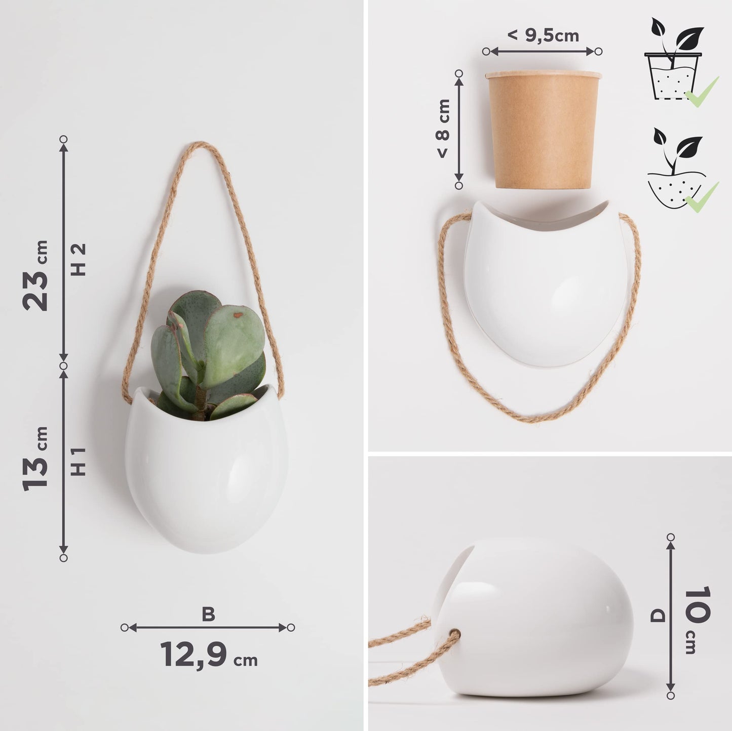 Kazai. Wall Planters -Ellie- | Hanging Ceramic Plant Pots 3 Pieces | Wall Decoration for Indoors, Balcony and Garden | White (Glossy)