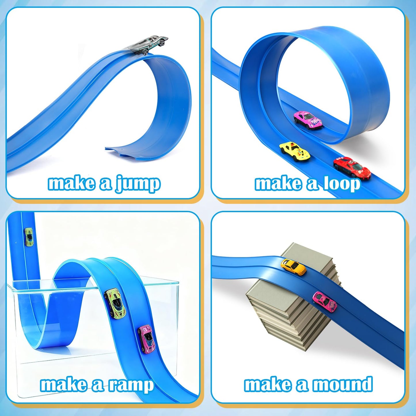 Flexible Race Track Toys for Kids, 15 Ft Flex Tracks Starter Set with Strong Suction Cups - Compatible with Hot Wheels and Diecast 1/64th Cars, Rolls up Portable Race Car Ramp Track (Blue)