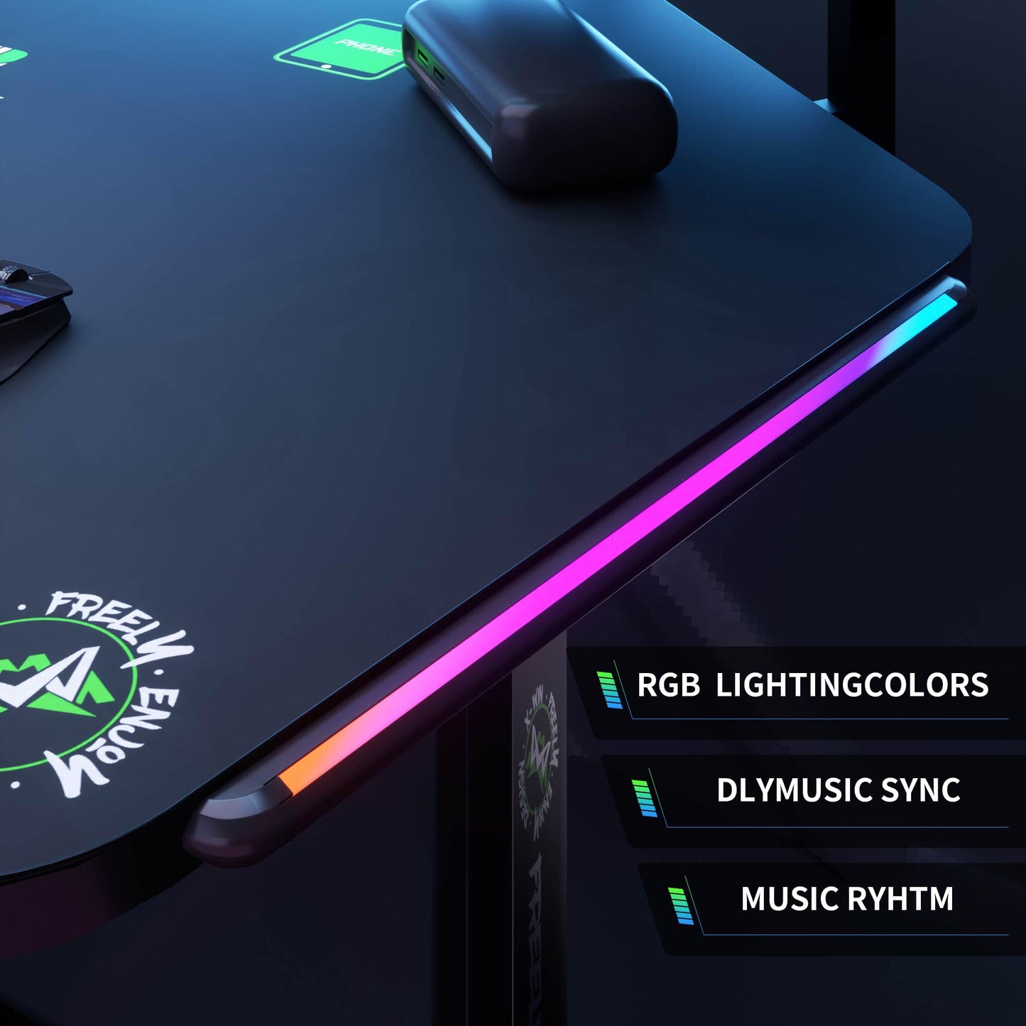 Klobel 72" Standing Gaming Desk with Dual Motor, Wing-Shaped Computer Desk with Full Coverage Mouse Pad, Electric Height Adjustable Standing Desk with RGB LED Lights and Slot Design Shelves
