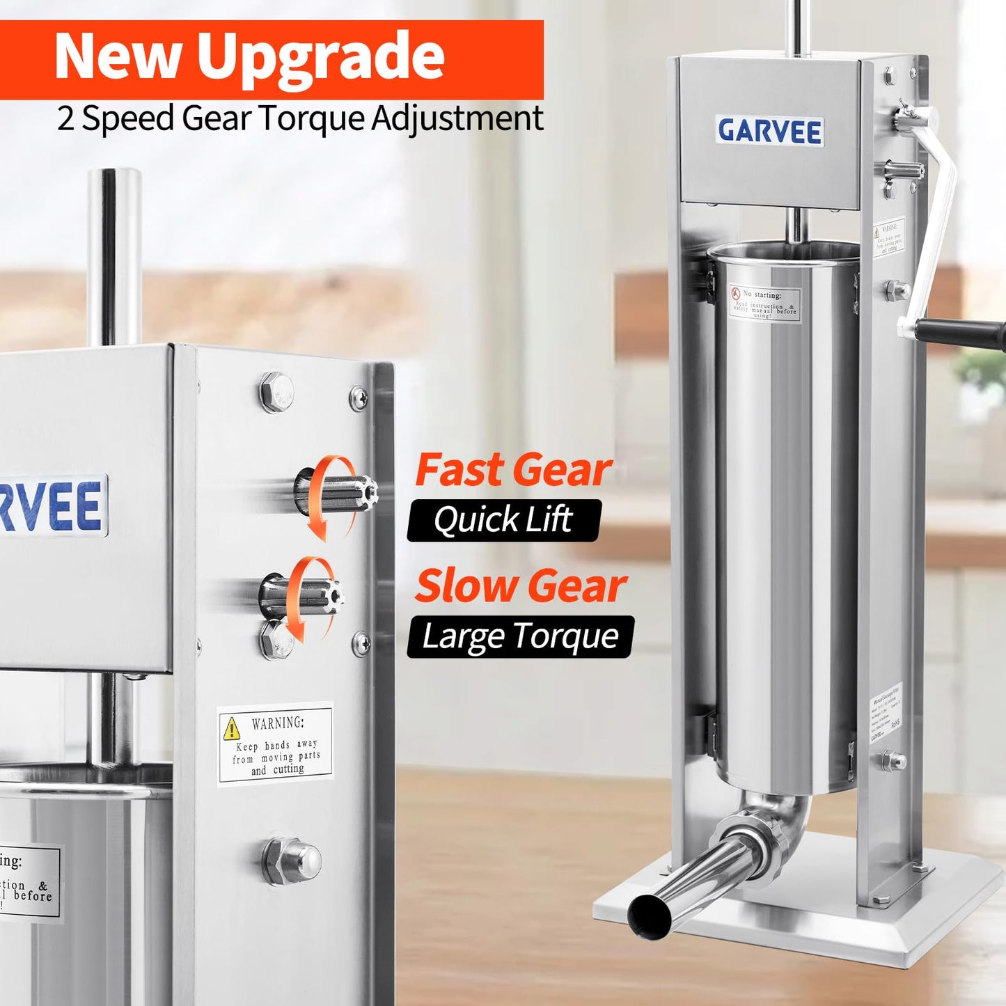 GarveeTech 15LBS/7L Sausage Stuffer, 304 Stainless Steel Manual Sausage Maker with 2-Speed Gear, Sausage Stuffer Machine with 5 Filling Tubes & Cleaning Kit for Household or Commercial Use