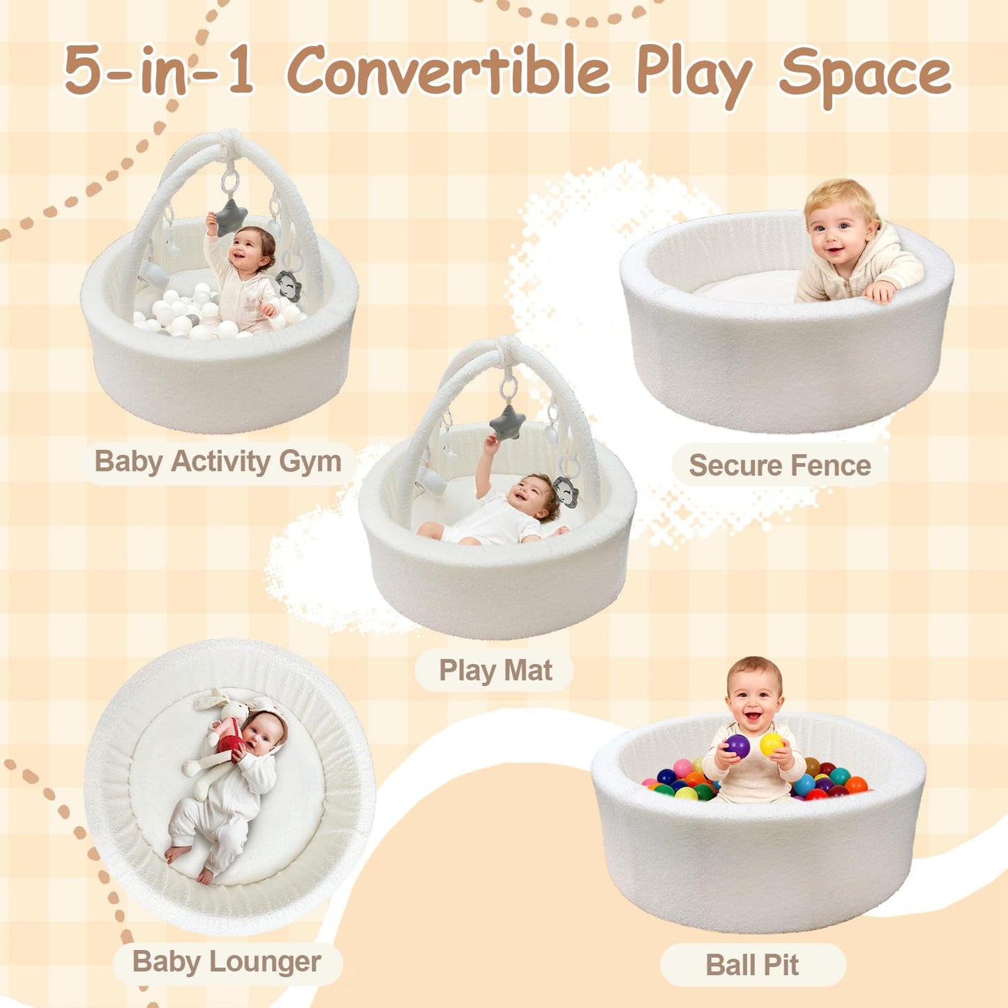 MEOGETY Baby Ball Pit with 5 Hanging Toys & Removable Play Arch for Toddlers Soft Foam Activity Center for Girls Boys Great Gift, Easy to Assemble & Clean, Teddy White