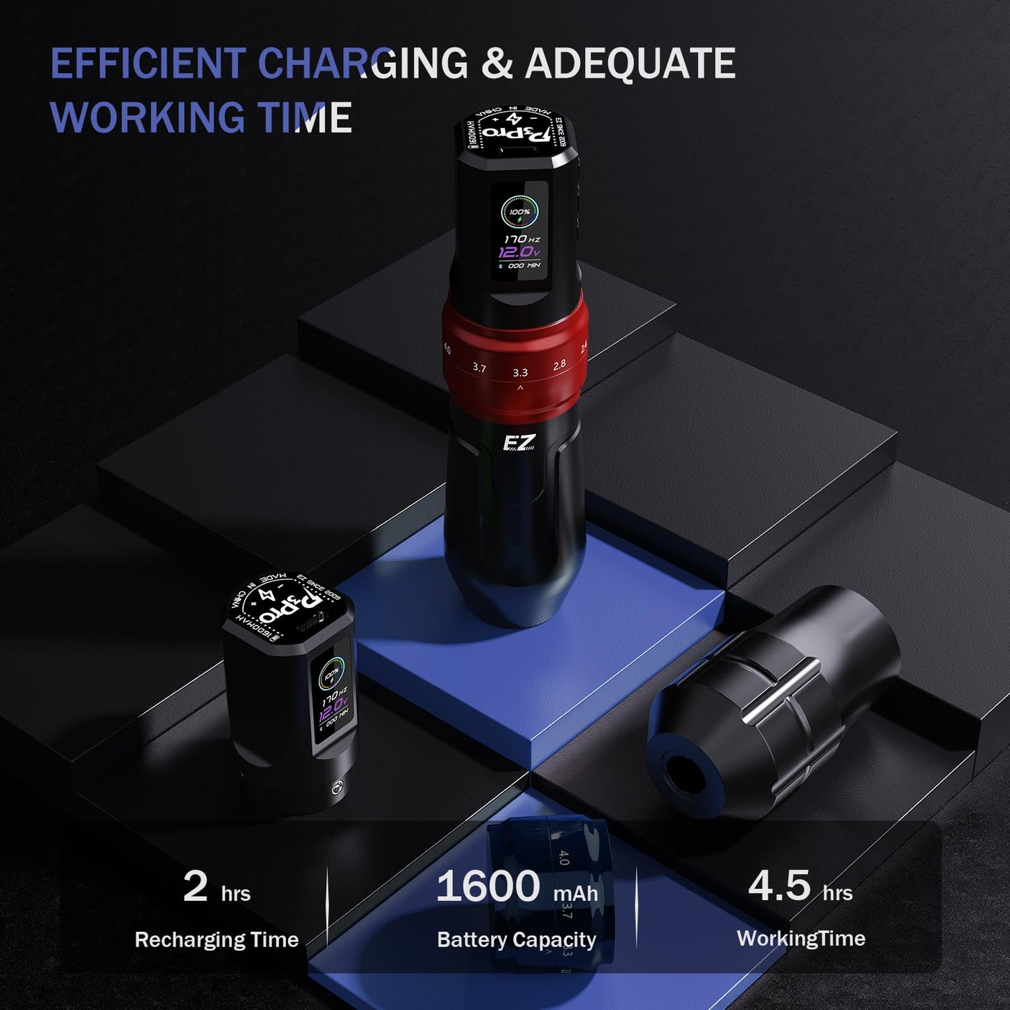 EZ P3 Pro Wireless Tattoo Machine - 6 Strokes 2.0, 2.4, 2.8, 3.3, 3.7, 4.2mm Tattoo Machine Pen with OLED Digital Display 1600mAh Battery Power Tattoo Gun (Matte Black)