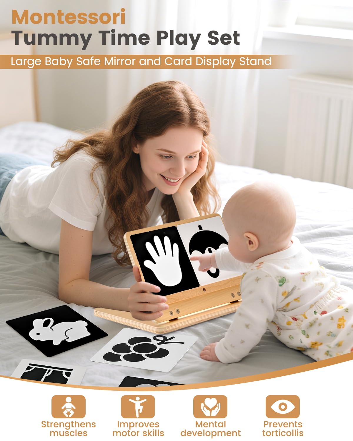 Brezlio Tummy Time Mirror for Baby Montessori Baby Floor Mirror with High Contrast Black and White Cards Infant Safe Mirror Toy for Newborn