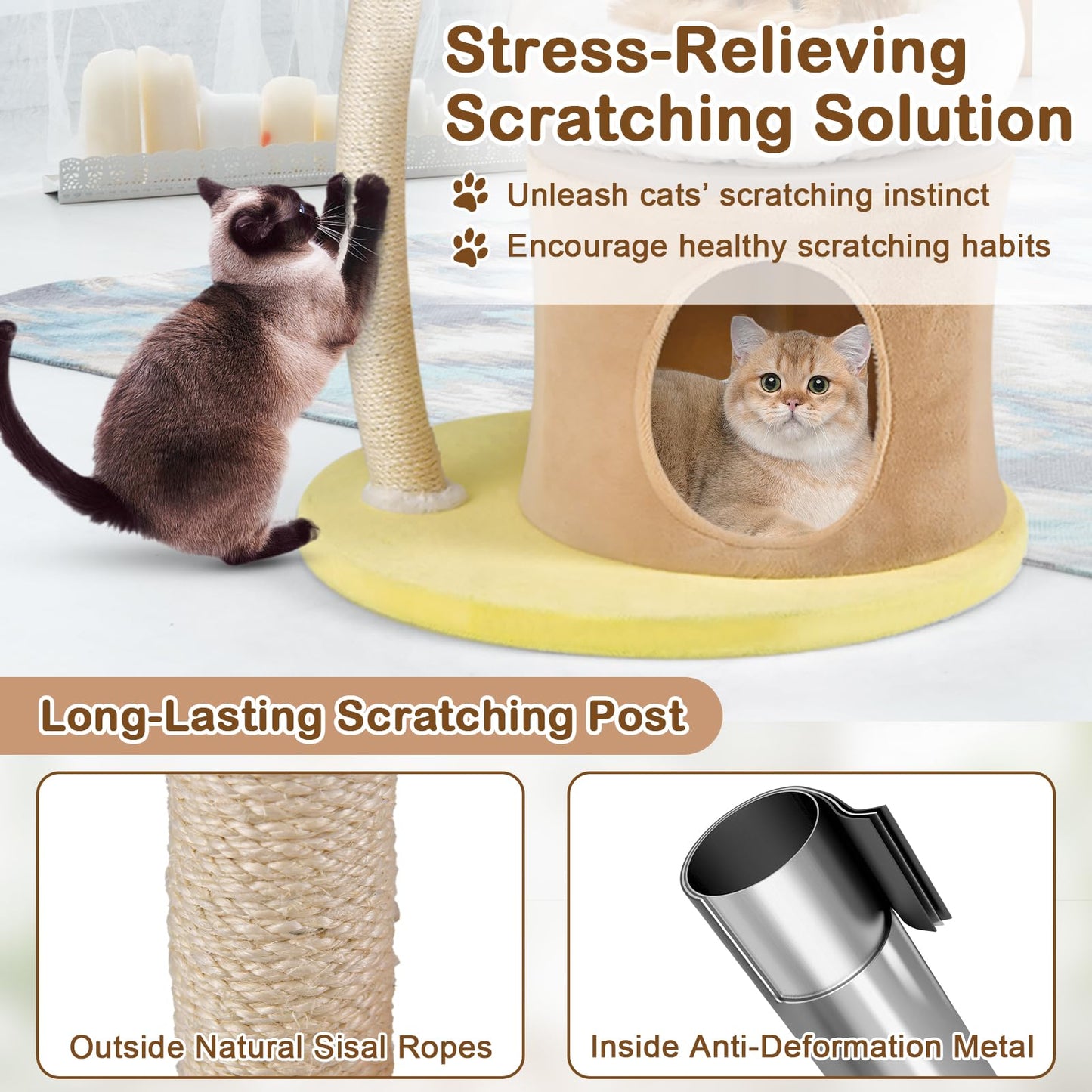 PETSITE 33 Inch Cute Cat Tree, Modern Cat Tower with Sisal Scratching Post, Cat Condo, Interactive Teasing Toy, 2 Removable and Washable Top Perches, Small Cat Tree for Indoor Cats