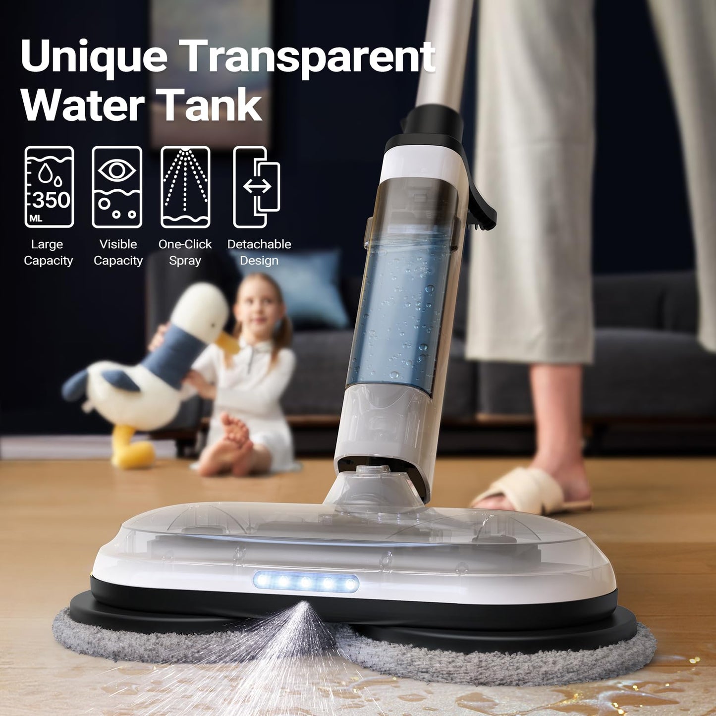 iDOO Electric Cordless Spin Dust Mop, Electric Mops for Floor Hardwood Tile Cleaning with Sprayer & LED Headlight, Rechargeable Dual-Motor, Quiet Self Propelled, Water Tank 4 Replaceable Heads, White