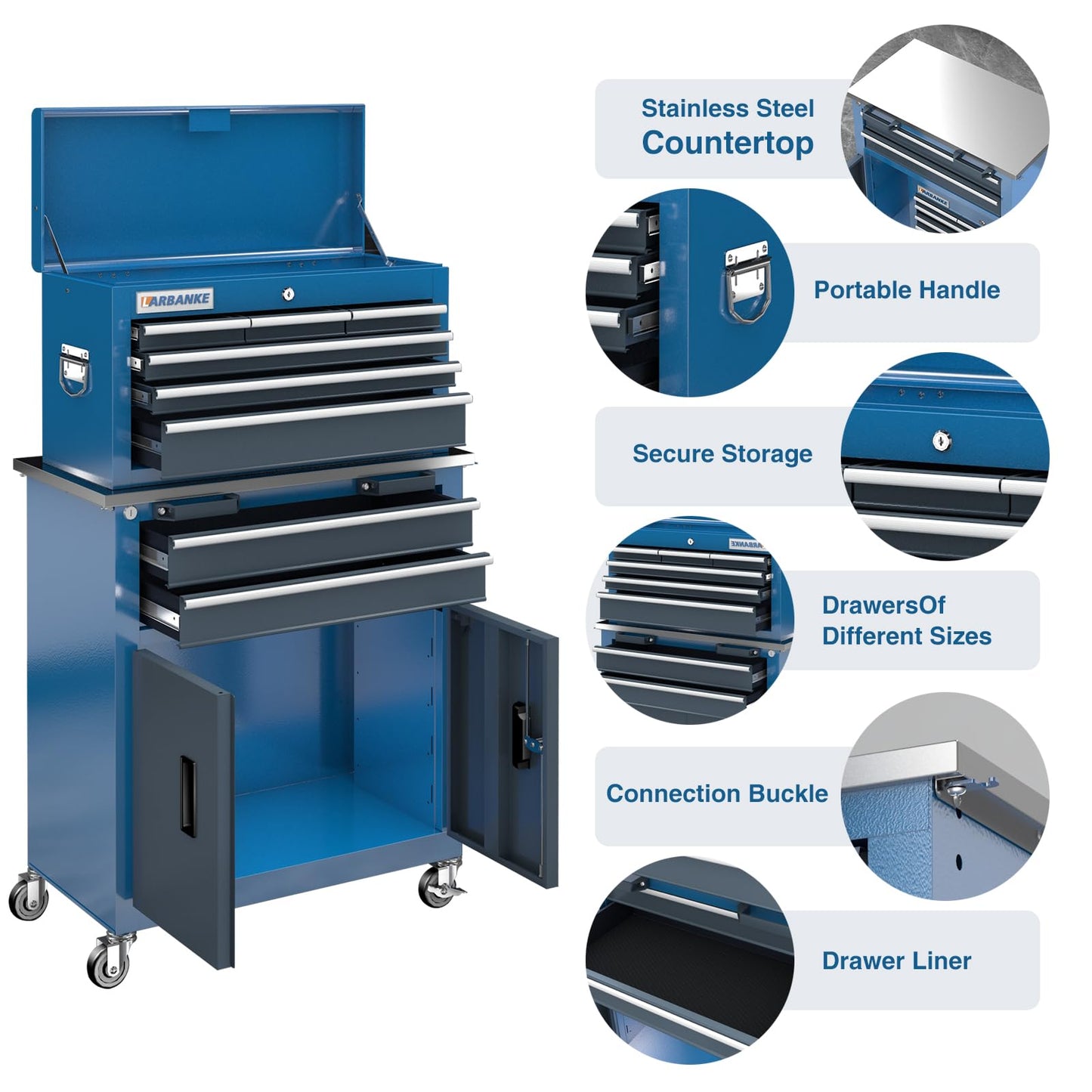 LARBANKE 8-Drawer Rolling Tool Chest with Wheels and Door, Sliding Drawer, Stainless Steel Countertop, Large Workbench Forming Tool Chest for Garage Workshop