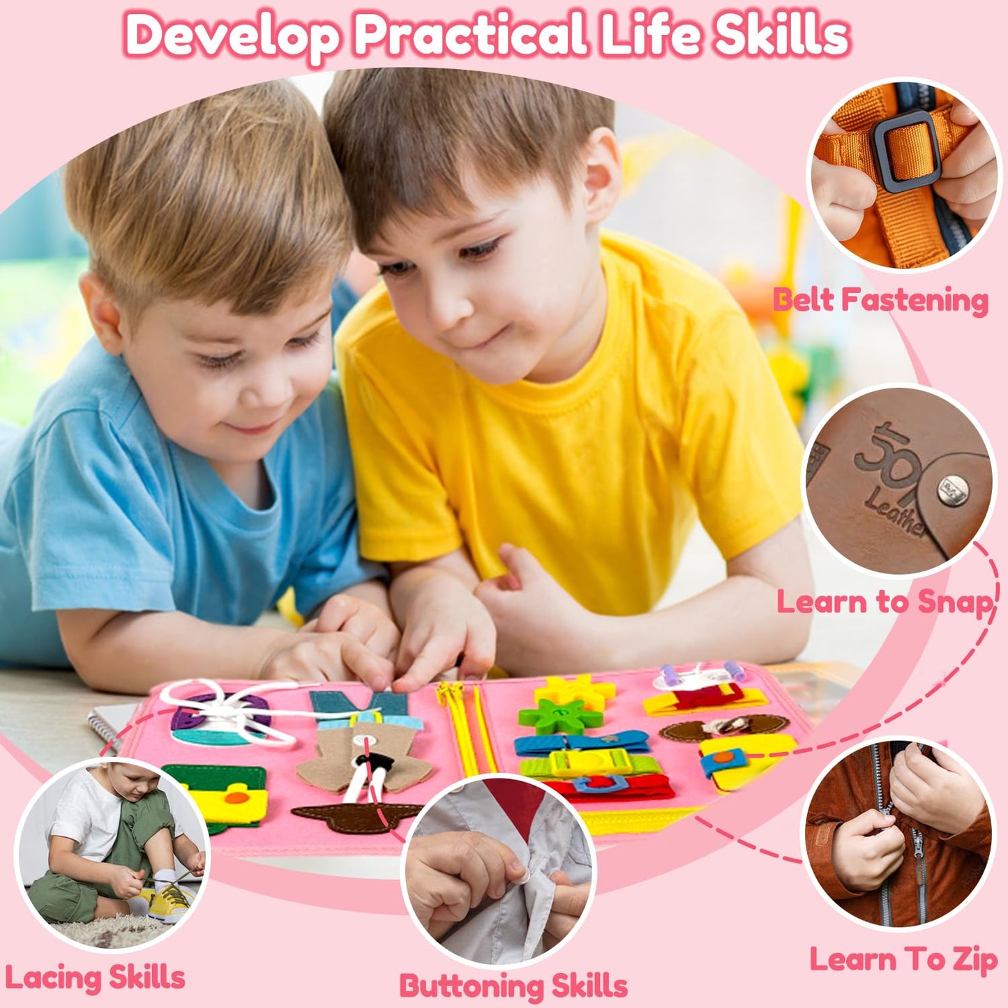 Qizfun Toddler Busy Board Montessori Toys – Sensory Busy Book, Educational Learning Travel Toy for Airplane & Car, Keeps Toddlers Engaged, Birthday Gifts for Toddler Girls